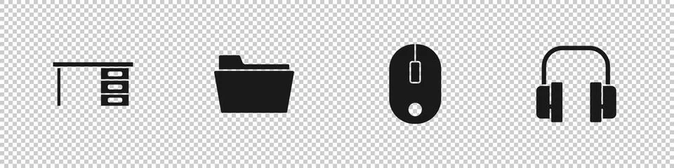 Set Office desk, Document folder, Computer mouse and Headphones icon. Vector Stock Illustration