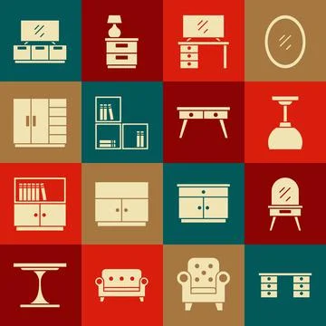 Set Office desk, Dressing table, Lamp hanging, TV stand, Shelf with books Stock Illustration