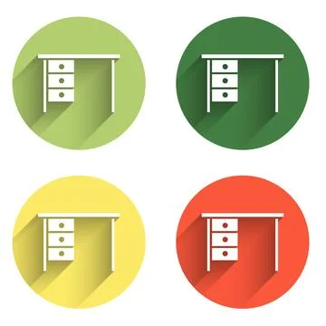 Set Office desk icon isolated with long shadow background. Color circle but.. Stock Illustration