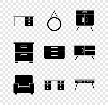 Set Office desk, Mirror, Chest of drawers, Armchair, Furniture nightstand a.. Stock Illustration