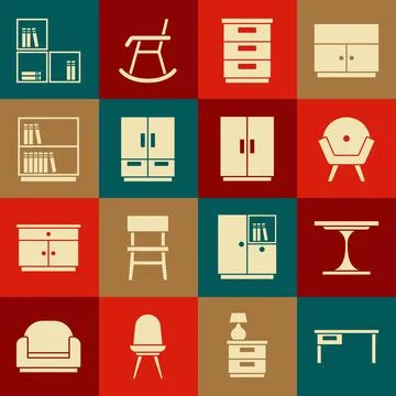 Set Office desk, Round table, Armchair, Furniture nightstand, Wardrobe, Libra Stock Illustration