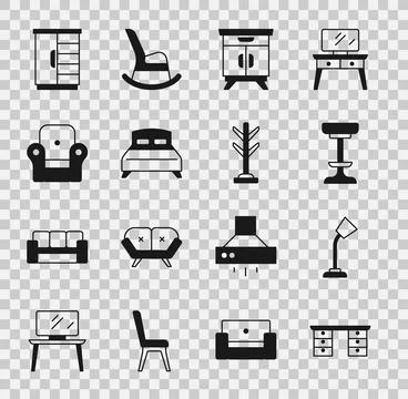 Set Office desk, Table lamp, Chair, Furniture nightstand, Big bed, Armchair.. Stock Illustration