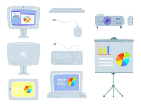 Set of office equipment, Computer, Projector, Tablet, Mouse, Computer keyboar Stock Illustration
