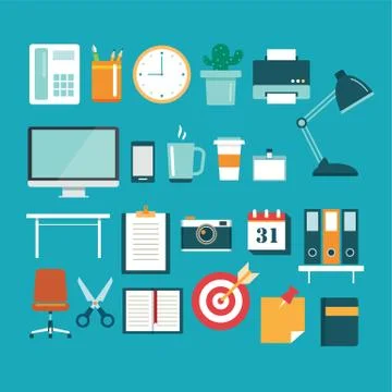 Set of office equipment icon flat design Stock Illustration
