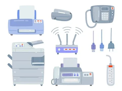 Set of office equipment, Printer, Phone, Copier,Fax, WI-FI Router, Wire, Cabl Stock Illustration