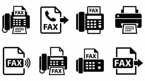 Set of office fax machine and document transmission icons with communication Stock Illustration