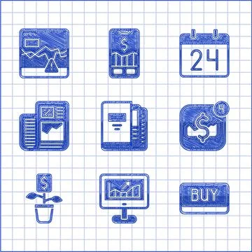 Set Office folders, Computer with growth graph, Buy button, Mobile stock trading Stock Illustration