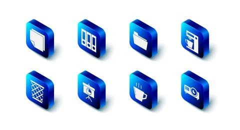 Set Office folders, Document, Coffee machine, Movie, film, media projector, cup Stock Illustration