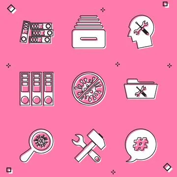 Set Office folders, Drawer with documents, Human head service, Stop virus, .. Stock Illustration
