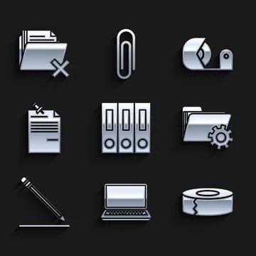 Set Office folders with papers and documents, Laptop, Scotch, Folder settings Stock Illustration