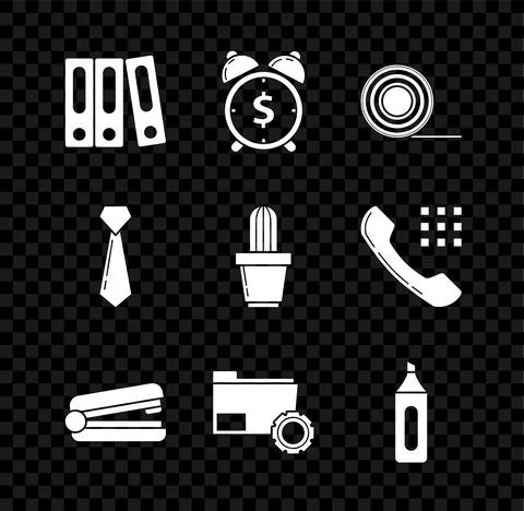 Set Office folders with papers and documents, Alarm clock dollar symbol, Scotch Stock Illustration