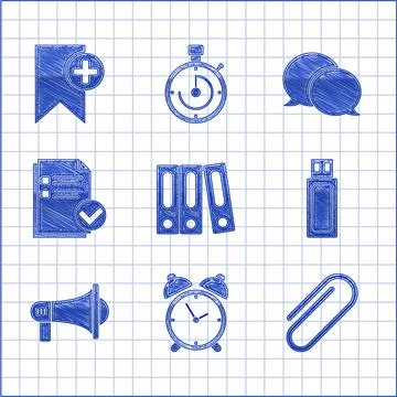 Set Office folders with papers and documents, Alarm clock, Paper clip, USB flash 库存插图