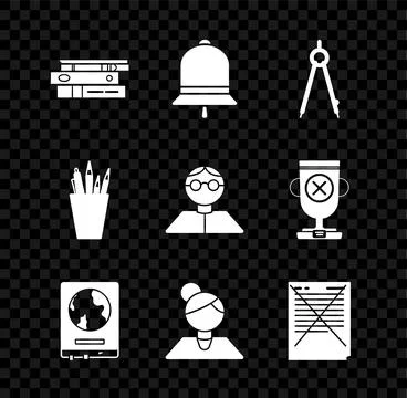 Set Office folders with papers and documents, Ringing bell, Drawing compass.. Stock Illustration