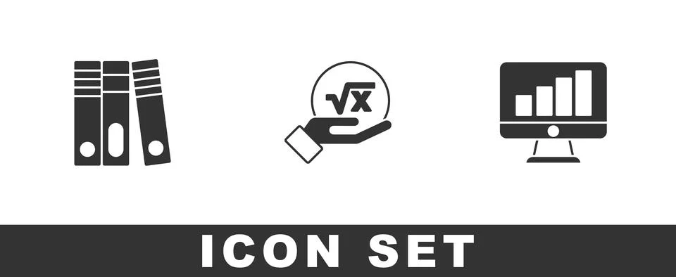 Set Office folders, Square root of x glyph and Computer monitor with graph ch Illustrazione stock