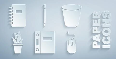 Set Office folders, Trash can, Plant in pot, Computer mouse, Pencil with eraser Stock Illustration