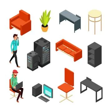 Set of office isometric icons. Computers, server, plant and technical staff Stock Illustration