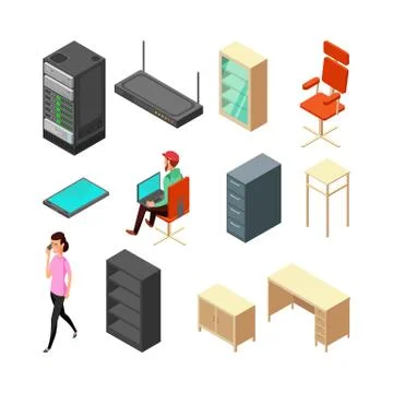 Set of office isometric icons. Server, armchair, table, cupboard and staff. Flat Stock Illustration