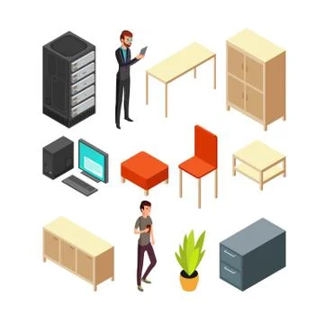 Set of office isometric icons. Server rack, table, armchair, computer, table イラスト素材