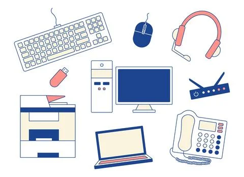 Set of office IT equipment. Computer, laptop. Keyboard, mouse and headset. MFP Stock Illustration