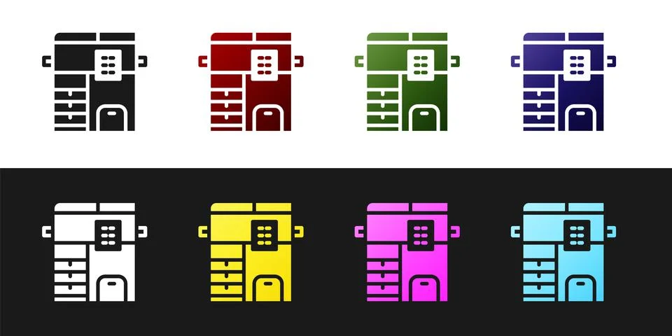 Set Office multifunction printer copy machine icon isolated on black and white Stock Illustration