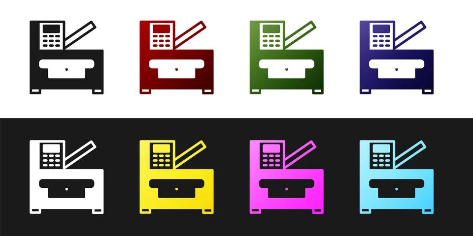 Set Office multifunction printer copy machine icon isolated on black and whit Stock Illustration