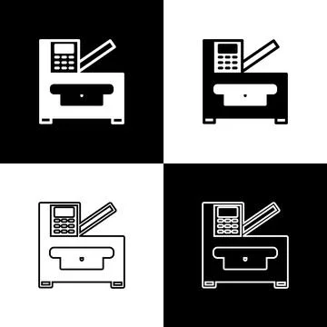 Set Office multifunction printer copy machine icon isolated on black and whit Stock Illustration