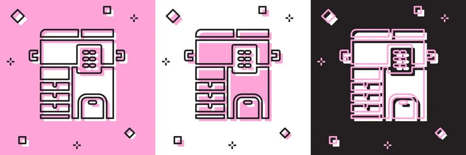 Set Office multifunction printer copy machine icon isolated on pink and white Stock Illustration