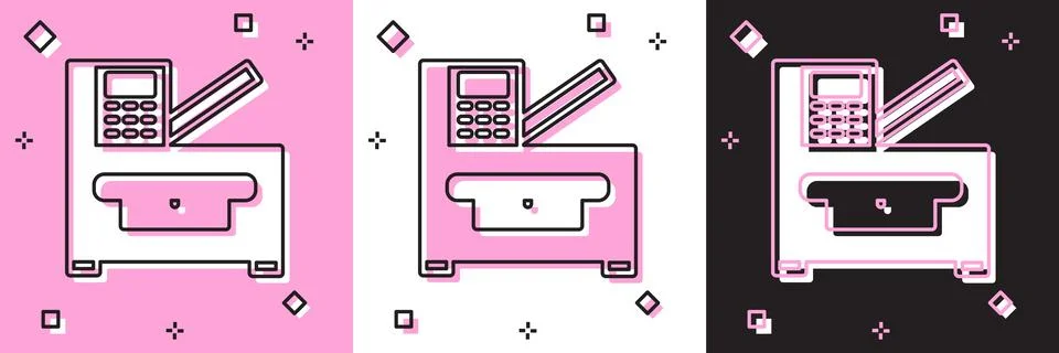 Set Office multifunction printer copy machine icon isolated on pink and white Stock Illustration