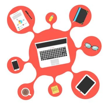 Set of office objects in red bubble Stock Illustration