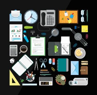 Set of office related items from top view. Stock Illustration