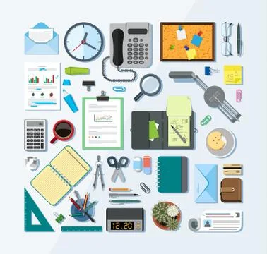 Set of office related items from top view. Stock Illustration