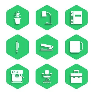 Set Office stapler, chair, Briefcase, Coffee cup, machine, Pen, folders and Stock Illustration