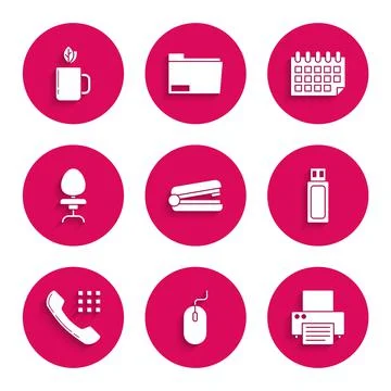 Set Office stapler, Computer mouse, Printer, USB flash drive, Telephone handset Stock Illustration