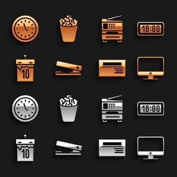 Set Office stapler, Digital alarm clock, Computer monitor screen, Business card Stock Illustration