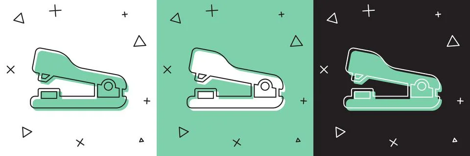 Set Office stapler icon isolated on white and green, black background. Staple Stock Illustration