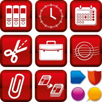 Set of office stuff icons on square buttons. Geometric style. Stock Illustration