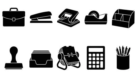 Set of office supplies vector icons, professional business briefcase, stapl.. Stock Illustration