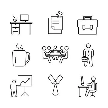 Set of office work icons. Flat business pictograms for web. Line stroke. Simp Stock Illustration