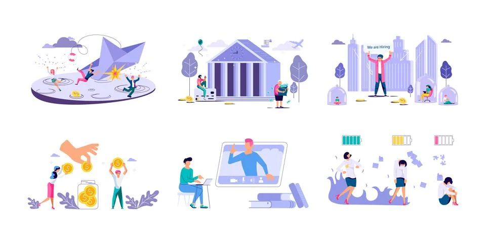 Set of office work, teamwork, Hiring employees, Mental rehabilitation concepts Stock Illustration