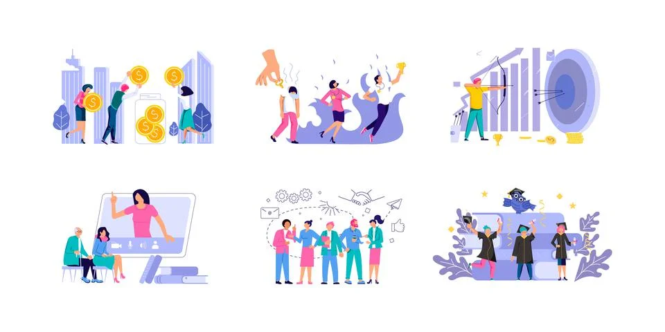 Set of office work, teamwork, Hiring employees, Mental rehabilitation concepts Stock Illustration