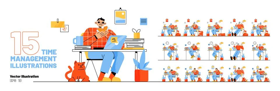 Set office worker time management, emotions, work Stock Illustration