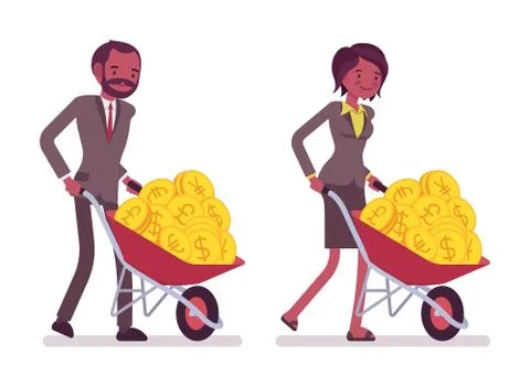 Set of office workers pushing a wheelbarrow with golden coins Stock Illustration
