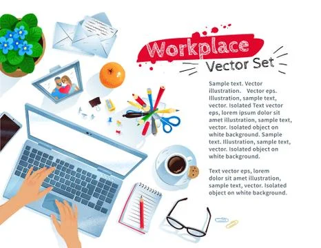 Set of office workplace with laptop computer Stock Illustration