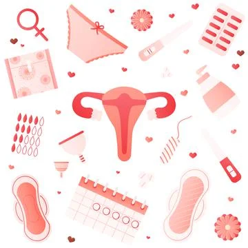 Set og menstruation objects - pads, tampons, pills, tests in cartoon style on Stock Illustration