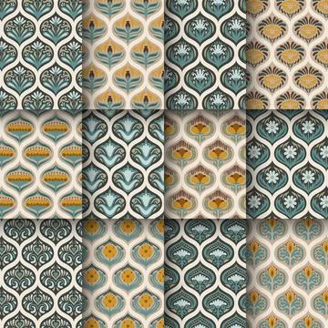 Set of Ogee Flower Pattern Collection tile seamless, Lisbon floral mosaic, .. Stock Illustration