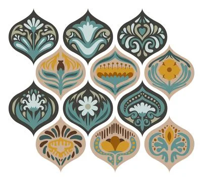 Set of Ogee Flower Pattern Collection tile seamless, Lisbon floral mosaic, .. Stock Illustration