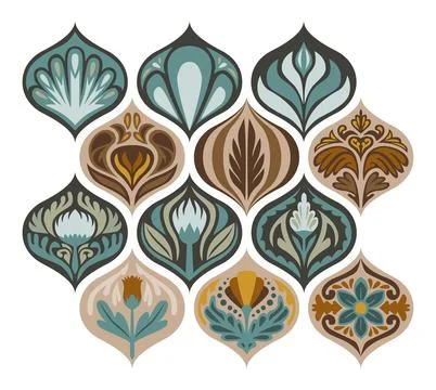 Set of Ogee Flower Pattern Collection tile seamless, Lisbon floral mosaic, .. Stock Illustration