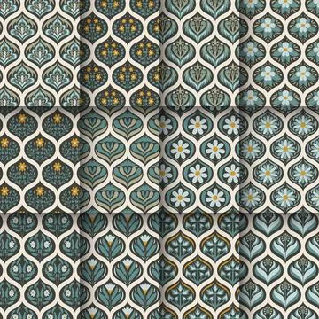 Set of Ogee Flower Pattern Collection tile seamless, Lisbon floral mosaic, .. Stock Illustration