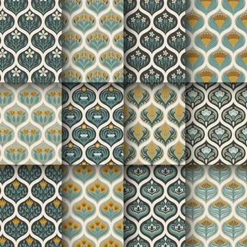Set of Ogee Flower Pattern Collection tile seamless, Lisbon floral mosaic, .. Stock Illustration
