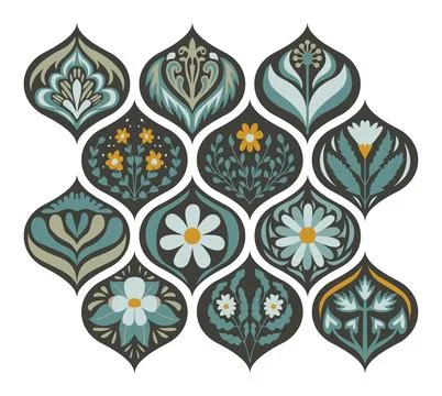 Set of Ogee Flower Pattern Collection tile seamless, Lisbon floral mosaic, .. Stock Illustration